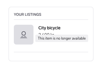 A listing uses the sentence This item is no longer available as a badge, crowding the price.