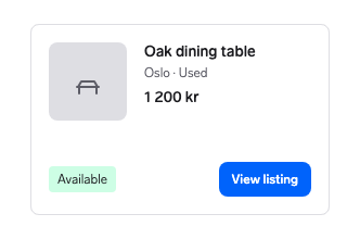 A listing card uses an Available badge for status and a blue View listing button for the action.