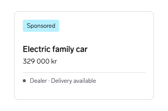 A car listing uses one Sponsored badge and presents dealer and delivery details as regular text.