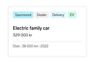 A car listing is crowded with Sponsored, Dealer, Delivery, and EV badges.