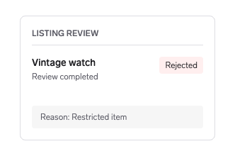 A rejected listing uses the negative red badge variant.