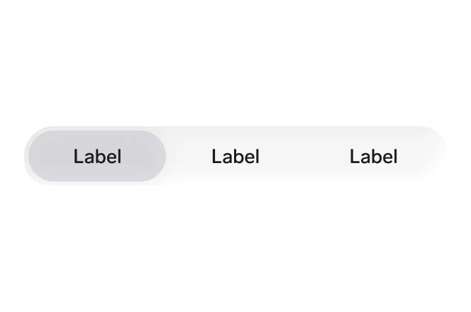 An iOS segmented control with three segments labelled Label in a rounded track, the first segment selected and raised as a shaded pill