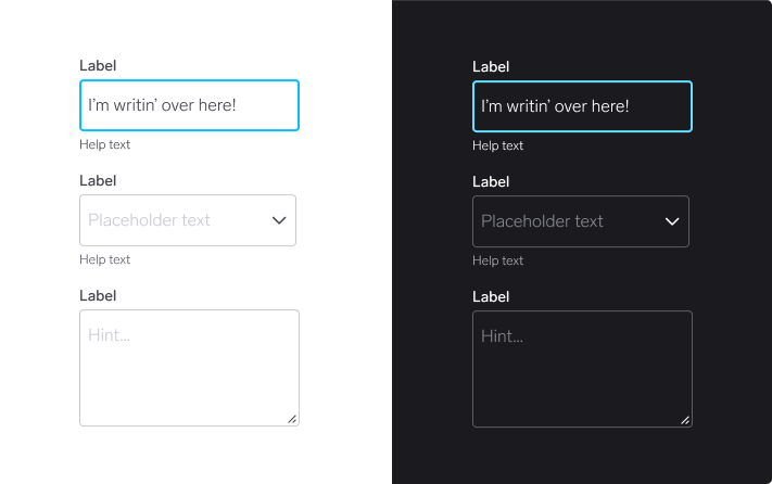 Empty input fields, dropdowns and text areas displayed in dark and light mode