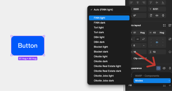 Figma: a selected button component with an expanded dropdown of all supported modes