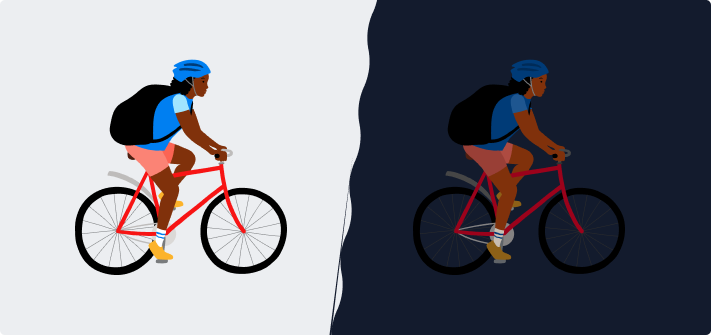 An illustration of a bicyclist in light mode and dark mode