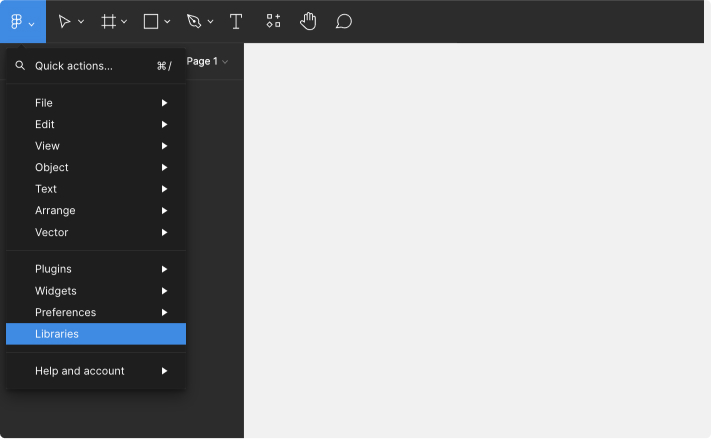 Figma dropdown highlighting the option "libraries"