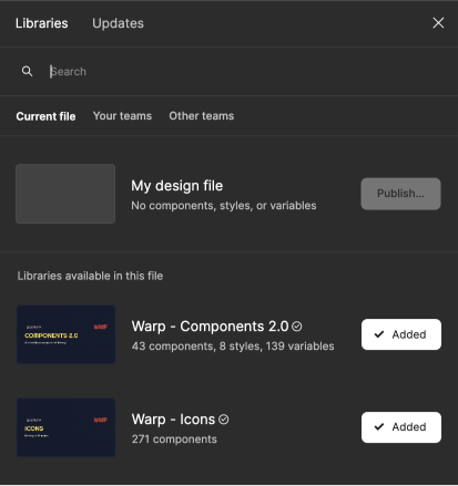 Figma library overview with 2 added WARP libraries "WARP - Components 2.0" and "WARP - Icons"