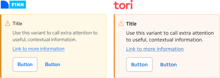 WARP alert components displayed in the FINN brand and Tori brand