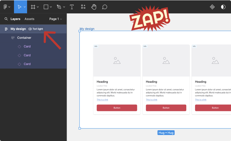 Figma interface higtligting the selected frame is set to "Tori Light"