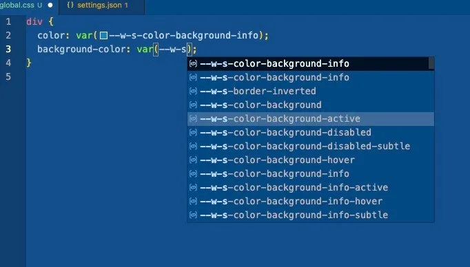 VS Code screenshot displaying use of intellisense for css tokens