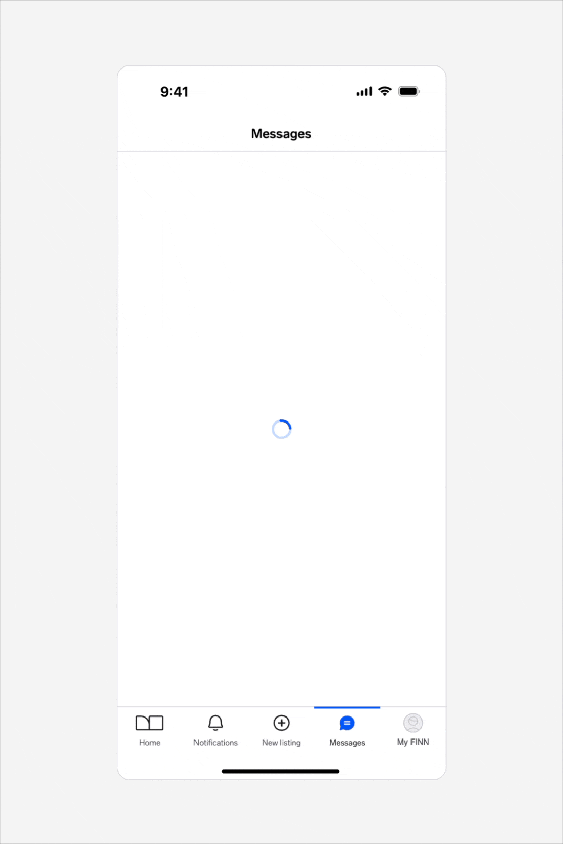 Example showing the expected loading behaviour before the 'Fail to load' empty state. A loading spinner appears in the centre of the page while the system retrieves data, then disappears as the empty state replaces it.
