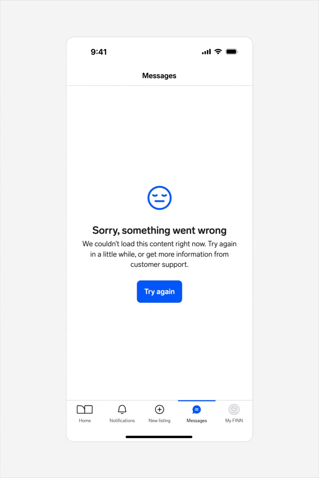 Example showing the reload interaction for an empty state. When the user taps 'Try again', a loading spinner briefly appears before either reloading the content or returning to the empty state if loading fails.