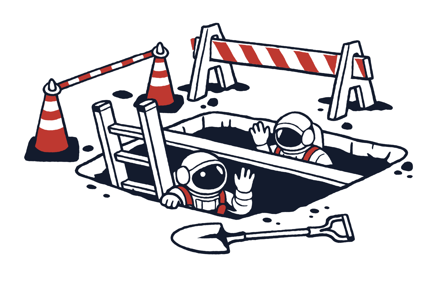 Warp ilustration displaying two Warp astronaut workers on a construction site