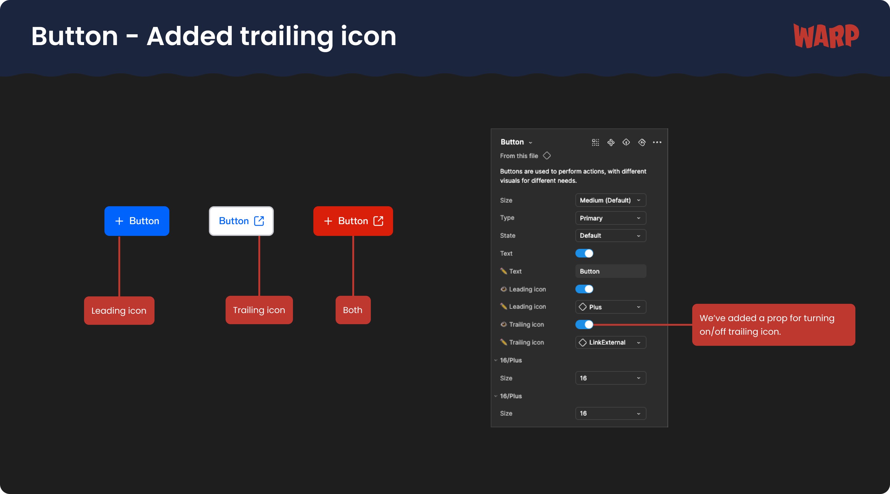 Figma screenshot displaying button examples and the tool option to toggle trailing icons on and off