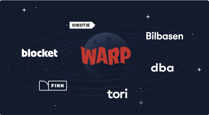 The WARP logo surrounded by the logos of Blocket, FINN, Tori, Oikotie, Bilbasen and DBA. 